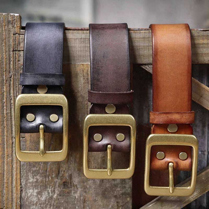 Ceintures En Cuir De Vache Pour Homme | Boucle en cuivre à ardillon - Kaki