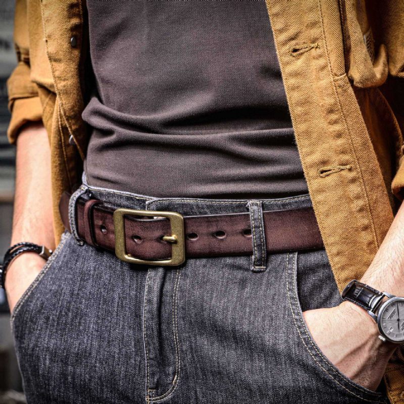 Ceintures En Cuir De Vache Pour Homme | Boucle en cuivre à ardillon - Kaki