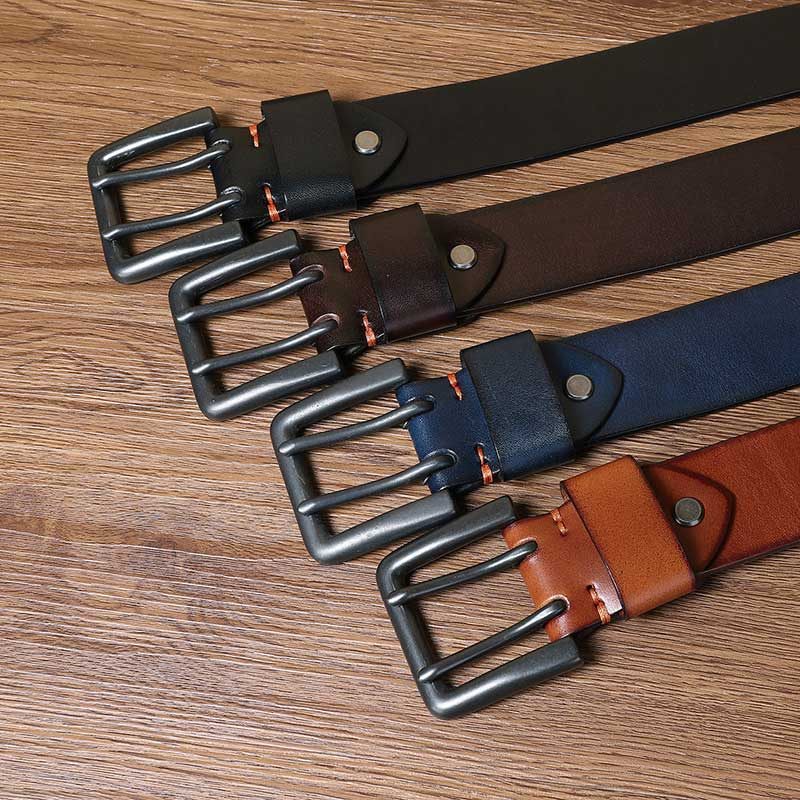 Ceintures Homme En Cuir Véritable Faite Main De Vache - Cuivre Boucles à 2 ardillon - Brun