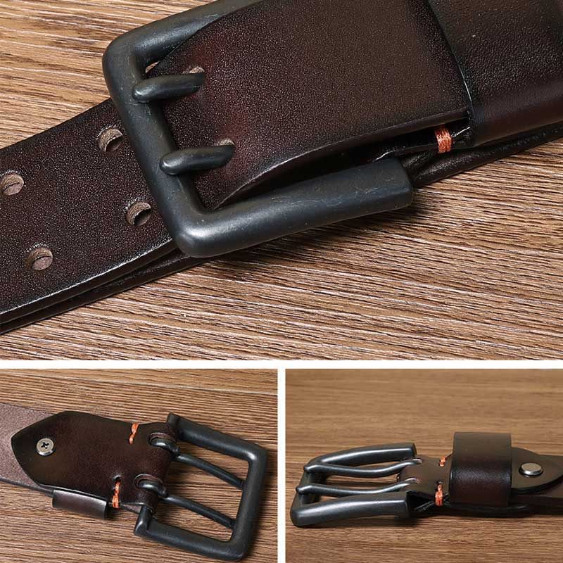 Ceintures Homme En Cuir Véritable Faite Main De Vache - Cuivre Boucles à 2 ardillon - Brun