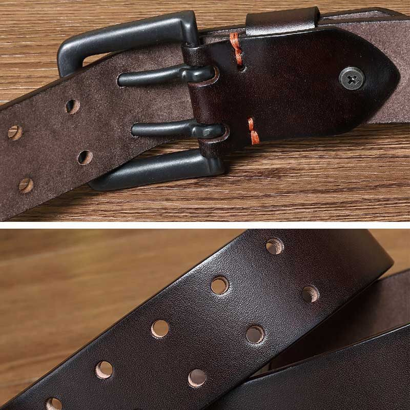 Ceintures Homme En Cuir Véritable Faite Main De Vache - Cuivre Boucles à 2 ardillon - Brun