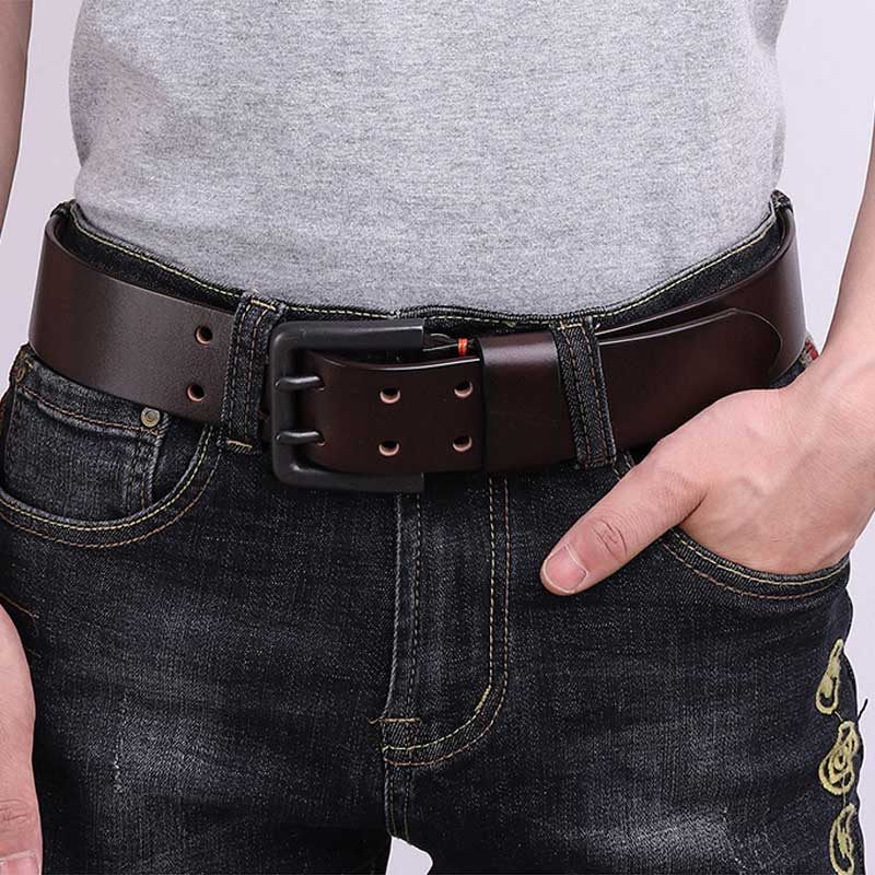 Ceintures Homme En Cuir Véritable Faite Main De Vache - Cuivre Boucles à 2 ardillon - Brun