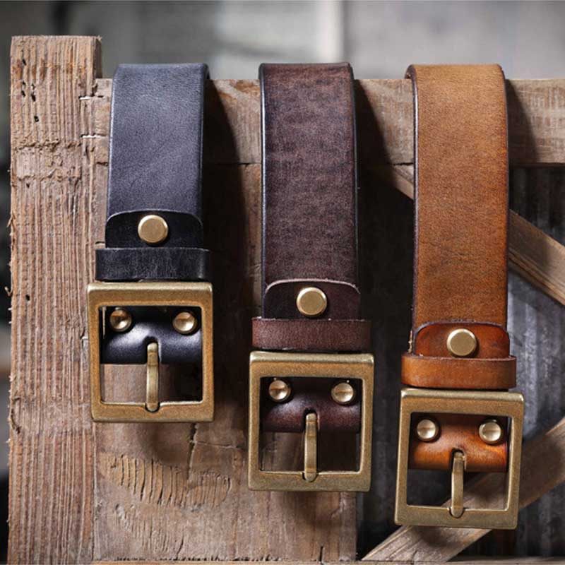 Faite Main Homme Ceintures En Cuir De Vache | Boucle en cuivre à ardillon - Brun