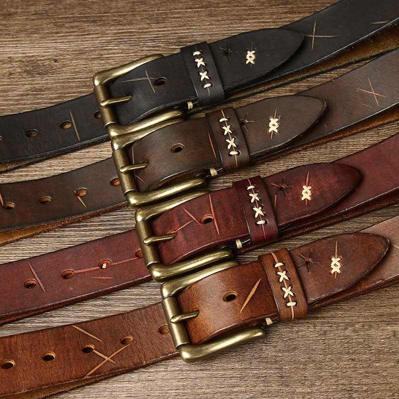 Rétro Ceintures Homme En Cuir De Vache | Cuivre Boucles à ardillon - Kaki