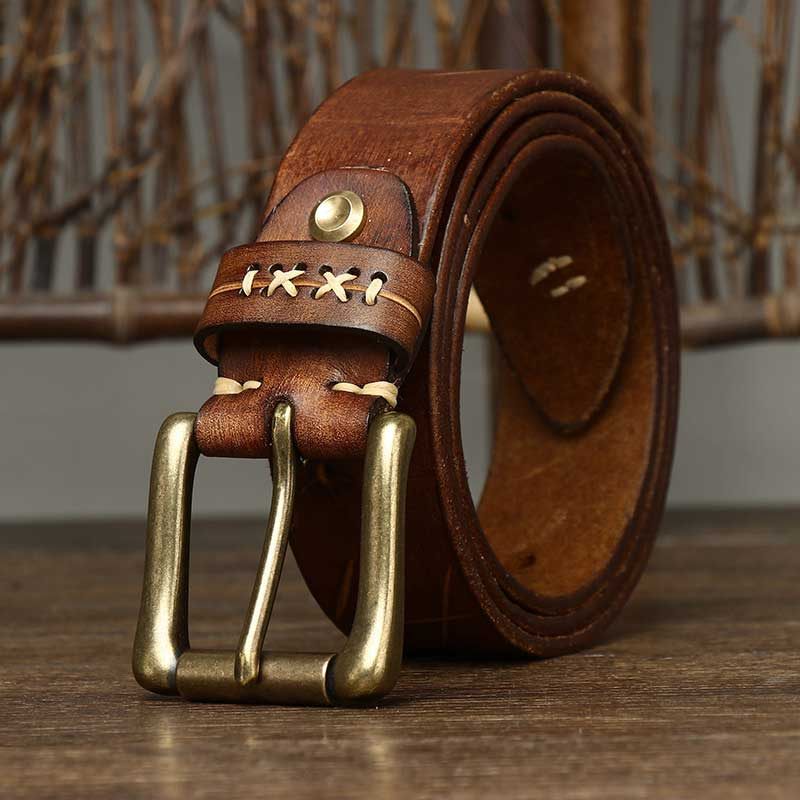 Rétro Ceintures Homme En Cuir De Vache | Cuivre Boucles à ardillon - Kaki