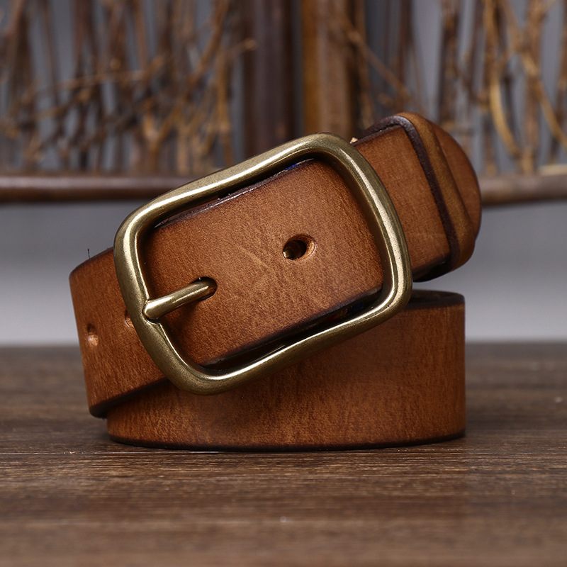 Rétro Ceintures Homme En Cuir De Vache Largeur 3.8cm | Cuivre Boucles à ardillon - Kaki
