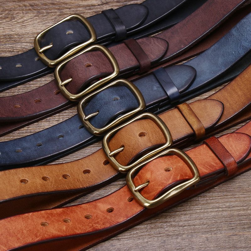 Rétro Ceintures Homme En Cuir De Vache Largeur 3.8cm | Cuivre Boucles à ardillon - Kaki