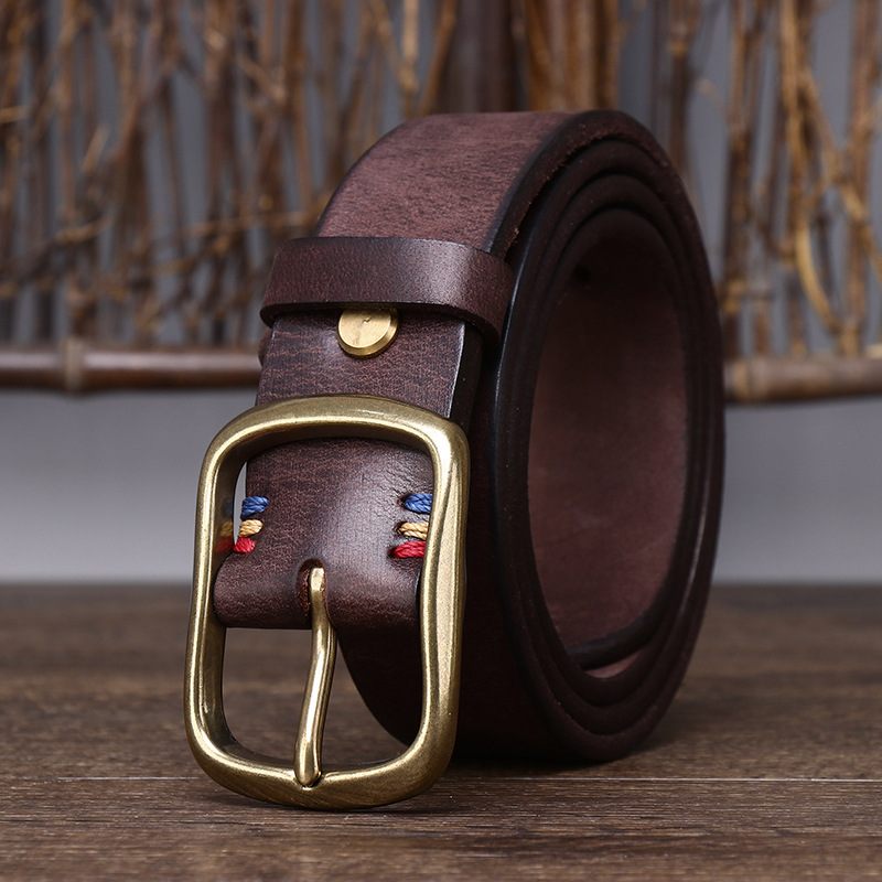 Rétro Ceintures Homme En Cuir De Vache Largeur 3.8cm | Cuivre Boucles à ardillon - Kaki