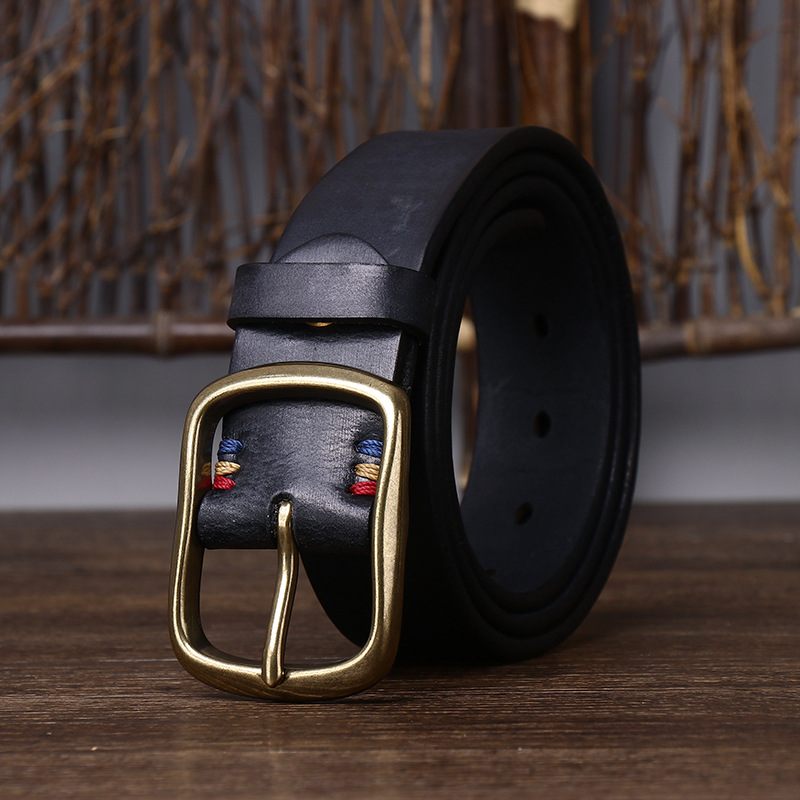 Rétro Ceintures Homme En Cuir De Vache Largeur 3.8cm | Cuivre Boucles à ardillon - Kaki