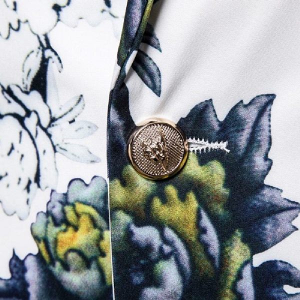 Blazer Homme Sport Manteau Revers Plante Motif Floral Un Bouton Slim - Blanc