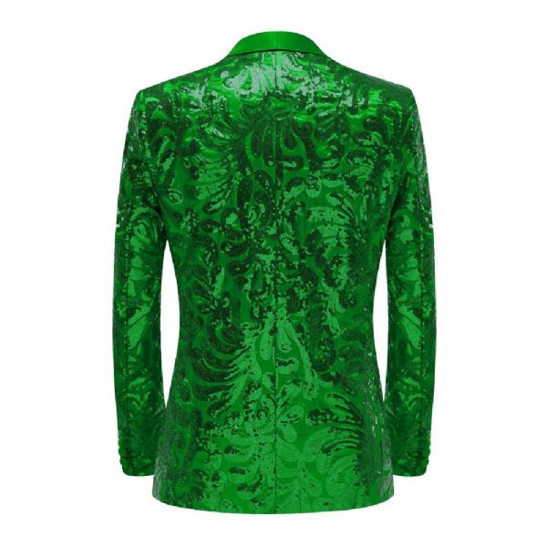 Blazer Sport Pour Hommes Manteau À Paillettes Slim Col Châle Un Bouton Poches Rabat - Vert
