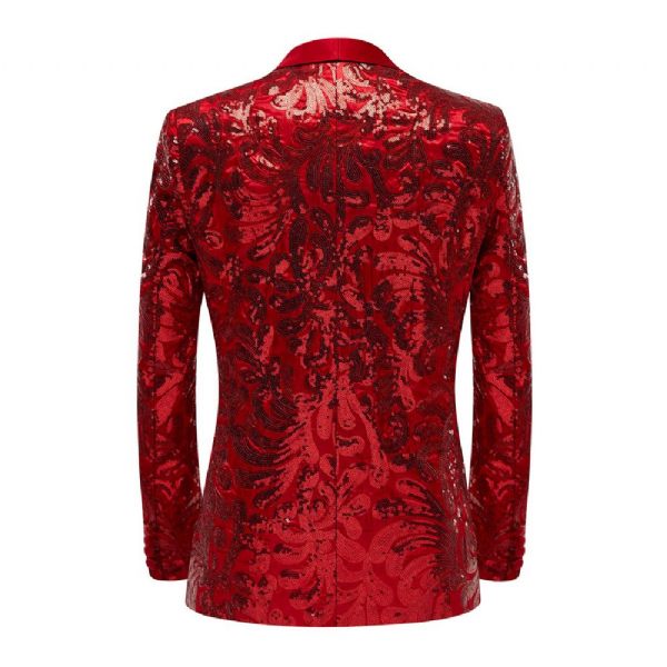 Blazer Sport Pour Hommes Manteau À Paillettes Slim Col Châle Un Bouton Poches Rabat - Rouge