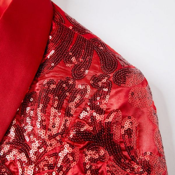 Blazer Sport Pour Hommes Manteau À Paillettes Slim Col Châle Un Bouton Poches Rabat - Rouge