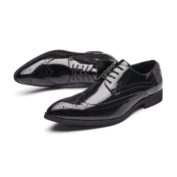 Chaussures Derby Pour Hommes Brogue À Lacets Cuir Vache Bout Pointu Semelle Souple Sculptée - Noir