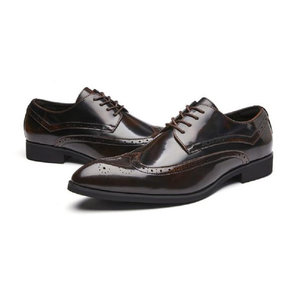 Chaussures Derby Pour Hommes Brogue À Lacets Cuir Vache Bout Pointu Semelle Souple Sculptée - Brun