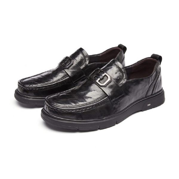 Chaussures Formelles Pour Hommes Mocassins Rétro Bout Rond Cuir Vache Boucle Métal - Noir