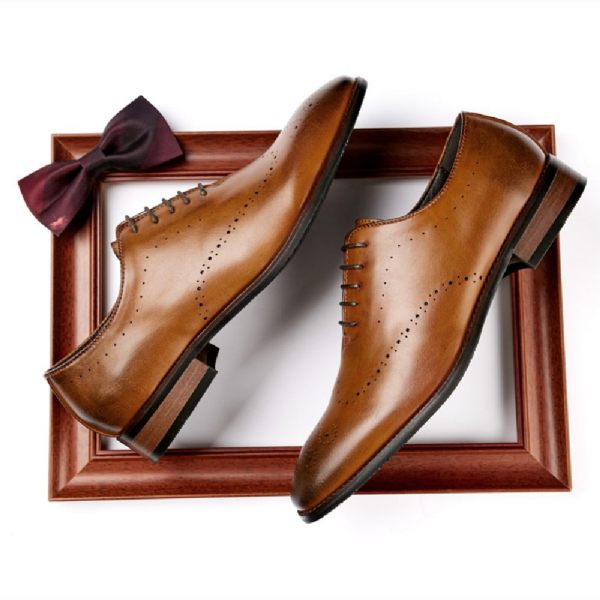 Chaussures Formelles Pour Hommes Oxford Brogue Sculpté Bout Ciselé Talon Bois - Jaune