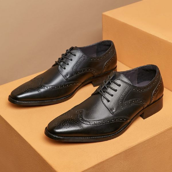 Chaussures Habillées Pour Hommes Brogue Bout Pointu Cuir Vache Sculpté Derby À Lacets 4 Œillets - Noir