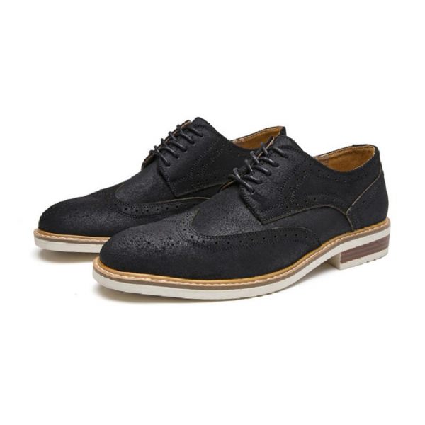 Chaussures Habillées Pour Hommes Brogue Daim Cuir Vache Derby Rétro Bout Rond - Noir
