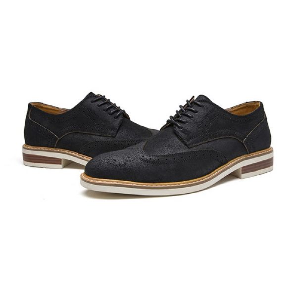 Chaussures Habillées Pour Hommes Brogue Daim Cuir Vache Derby Rétro Bout Rond - Noir