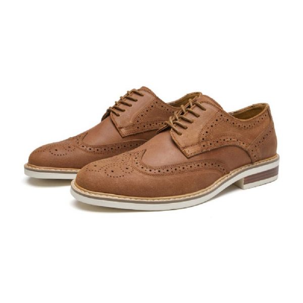 Chaussures Habillées Pour Hommes Brogue Daim Cuir Vache Derby Rétro Bout Rond - Brun