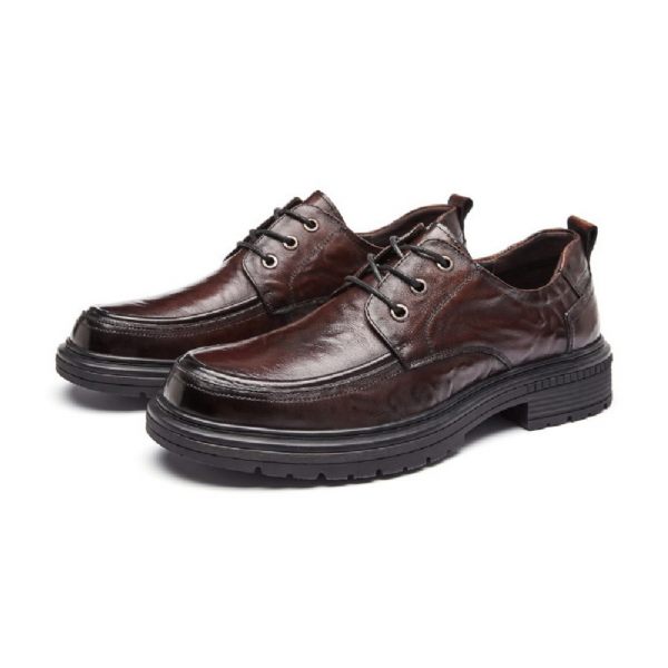 Chaussures Habillées Pour Hommes Derby Bout Rond Cuir Vache Talon Épais - Brun