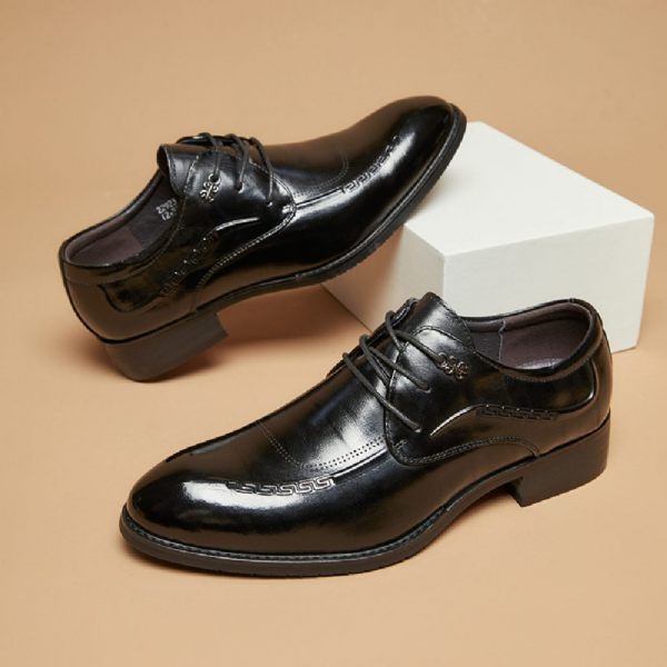 Chaussures Habillées Pour Hommes Derby Cuir Vache Bout Pointu Respirant À Lacets 3 Œillets - Noir
