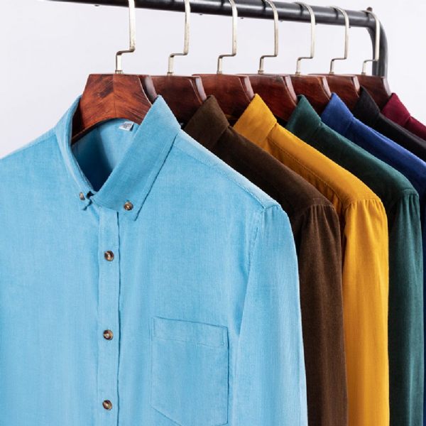 Chemise Homme Velours Côtelé Manches Longues Décontracté Couleur Unie - Bleu