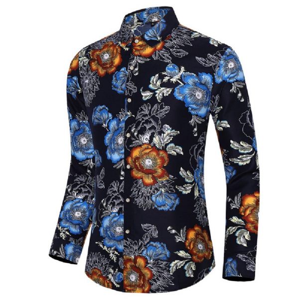 Chemise Surdimensionnée Pour Hommes Motif Floral À La Mode Manches Longues - Bleu