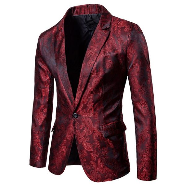 Costume 2 Pièces Pour Hommes Un Bouton Motif Floral Brillant Revers Slim - Rouge