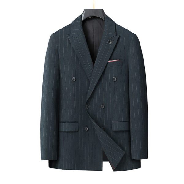 Costume 3 Pièces Homme Double Boutonnage Rayé Ample Grande Taille - Bleu