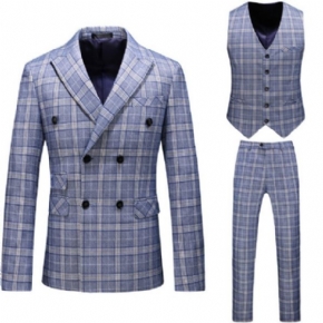Costume 3 Pièces Homme Double Boutonnage Slim Tendance Motif À Carreaux Fentes Latérales