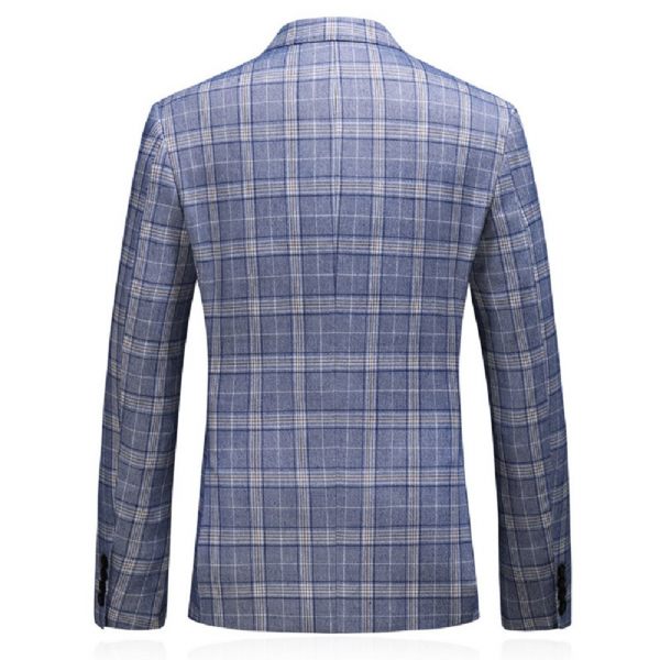Costume 3 Pièces Homme Double Boutonnage Slim Tendance Motif À Carreaux Fentes Latérales - Bleu