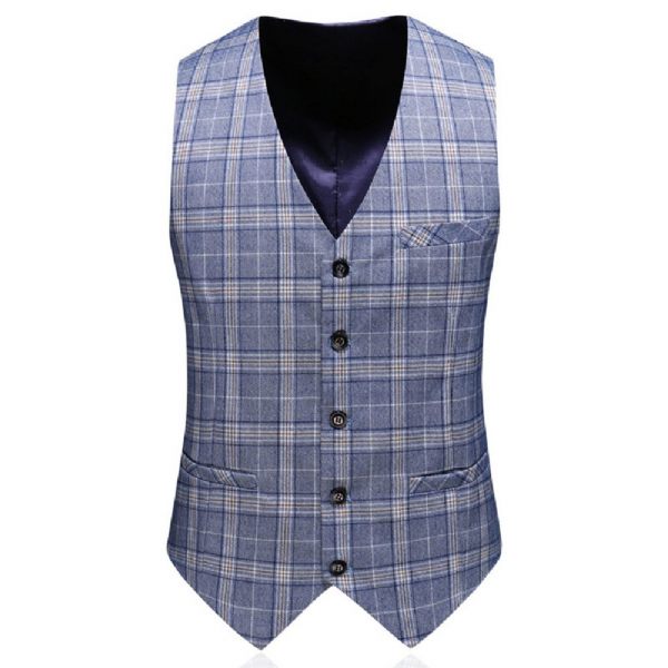 Costume 3 Pièces Homme Double Boutonnage Slim Tendance Motif À Carreaux Fentes Latérales - Bleu