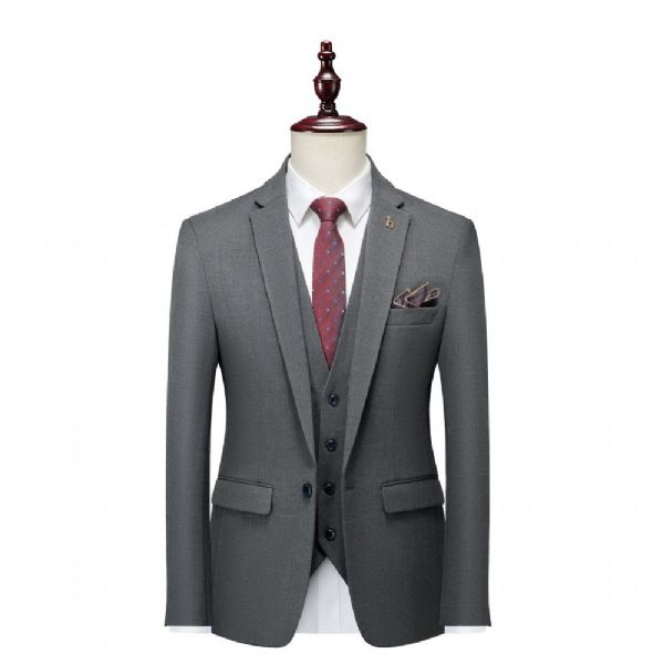 Costume 3 Pièces Pour Hommes Col Plat Robe Formelle Mince Un Bouton - Gris