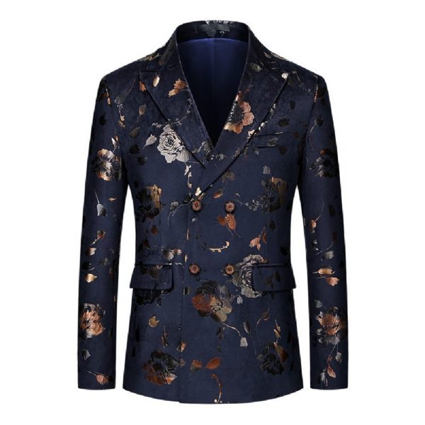 Costume 3 Pièces Pour Hommes Croisé Motif Floral Robe Formelle Slim Rose - Bleu Foncé