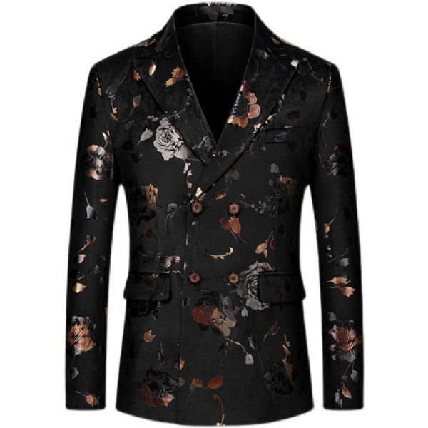 Costume 3 Pièces Pour Hommes Croisé Motif Floral Robe Formelle Slim Rose - Noir