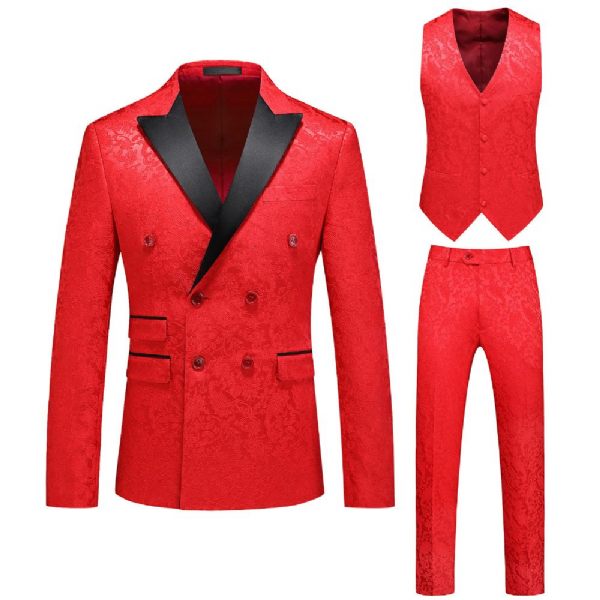 Costume 3 Pièces Pour Hommes Double Boutonnage Col Plat Robe Formelle Jacquard Mariage Grande Taille - Rouge