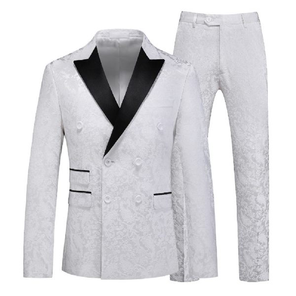 Costume 3 Pièces Pour Hommes Double Boutonnage Col Plat Robe Formelle Jacquard Mariage Grande Taille - Blanc