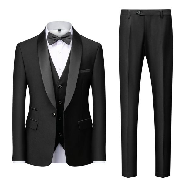 Costume 3 Pièces Pour Hommes Grands Et Un Bouton Robe Formelle Bloc Couleur - Noir