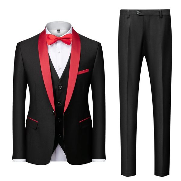 Costume 3 Pièces Pour Hommes Grands Et Un Bouton Robe Formelle Bloc Couleur - Noir / Rouge