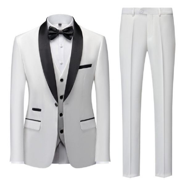 Costume 3 Pièces Pour Hommes Grands Et Un Bouton Robe Formelle Bloc Couleur - Blanc