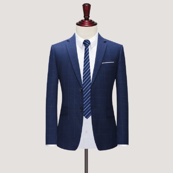 Costume 3 Pièces Pour Hommes Mode Business Motif À Carreaux Moderne Deux Boutons - Bleu