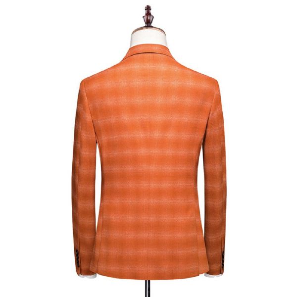 Costume 3 Pièces Pour Hommes Motif À Carreaux Business Moderne Slim Vêtements Formels Un Bouton - Orange