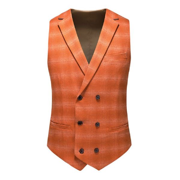 Costume 3 Pièces Pour Hommes Motif À Carreaux Business Moderne Slim Vêtements Formels Un Bouton - Orange