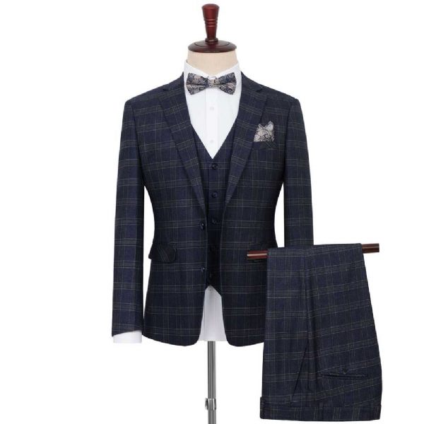 Costume 3 Pièces Pour Hommes Motif À Carreaux Rayures Ample Deux Boutons Grande Taille