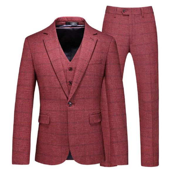 Costume 3 Pièces Pour Hommes Motif À Carreaux Vêtements Formels Minces Un Bouton Fentes Doubles Latérales - Rouge