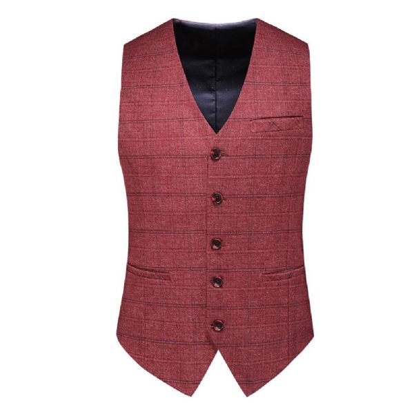 Costume 3 Pièces Pour Hommes Motif À Carreaux Vêtements Formels Minces Un Bouton Fentes Doubles Latérales - Rouge