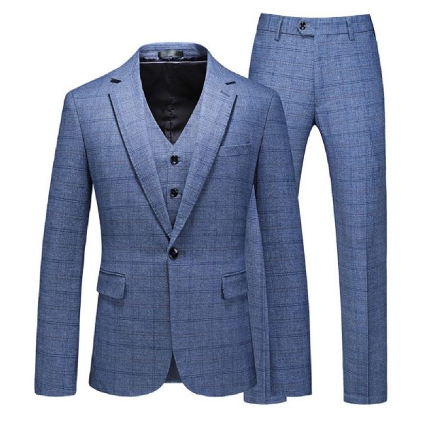 Costume 3 Pièces Pour Hommes Motif À Carreaux Vêtements Formels Minces Un Bouton Fentes Doubles Latérales - Bleu Clair