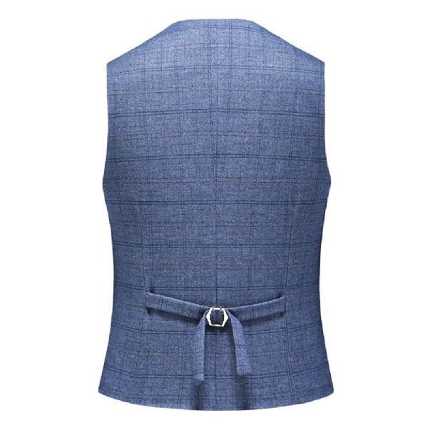 Costume 3 Pièces Pour Hommes Motif À Carreaux Vêtements Formels Minces Un Bouton Fentes Doubles Latérales - Bleu Clair